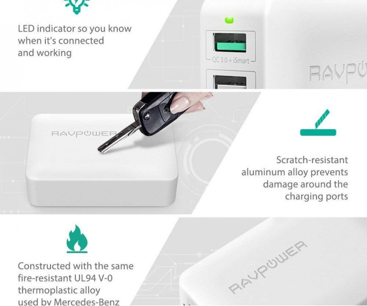 RAVPower USB Qualcomm Quick Charge 3.0 40W 4-Port Desktop Charging Station White (RP-PC024WH)